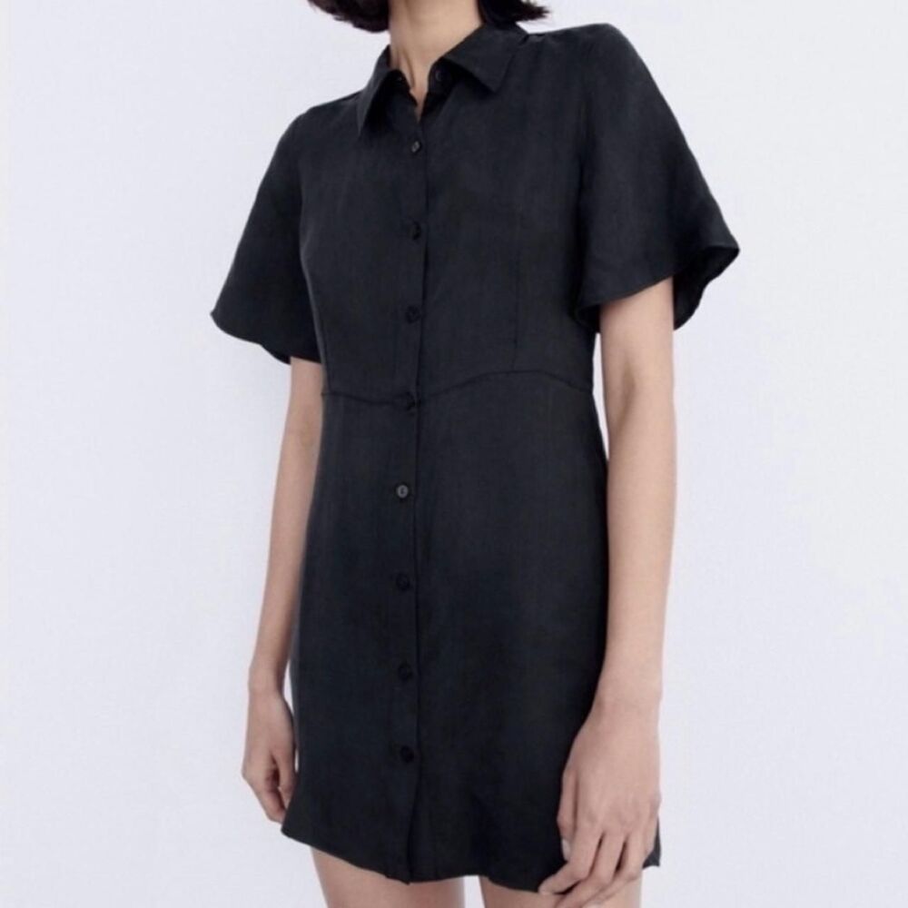 Zara Black Short Sleeve Button Down Collared Mini Shirt Dress Size Medium